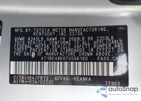 2007 Toyota Camry Le из США, поврежденный, VIN 4T1BE46K07U506100